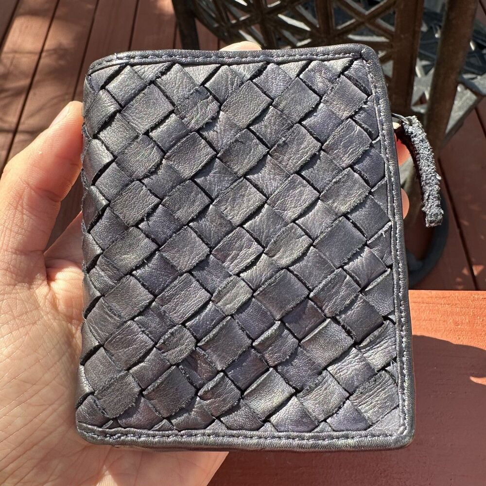 Woven Leather Wallet Dark Navy Blue Black Bifold Bottega Veneta Style